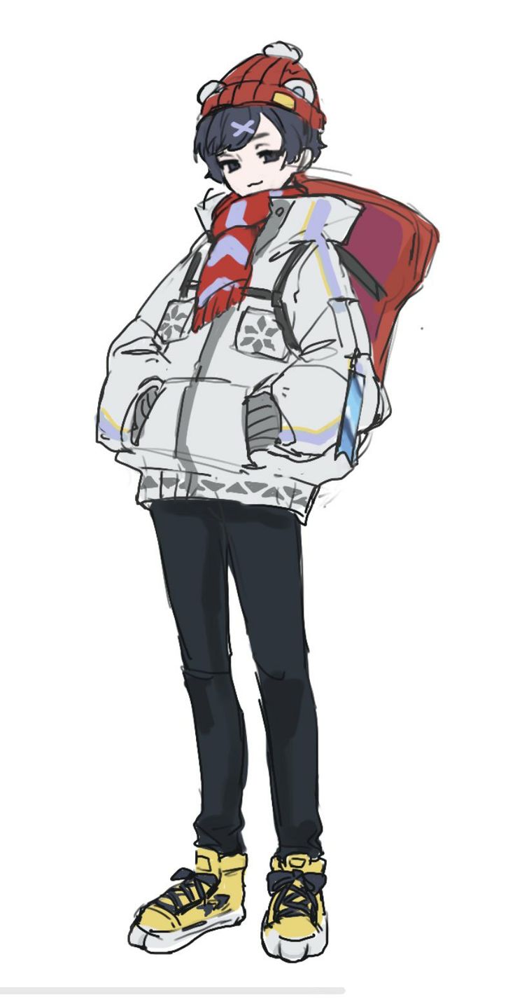 a drawing of a person with a backpack on their back, wearing sneakers and a scarf