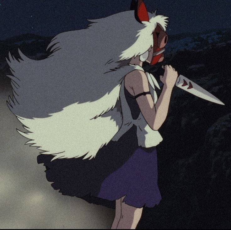 a woman with long white hair holding a knife in front of her face and looking at the sky