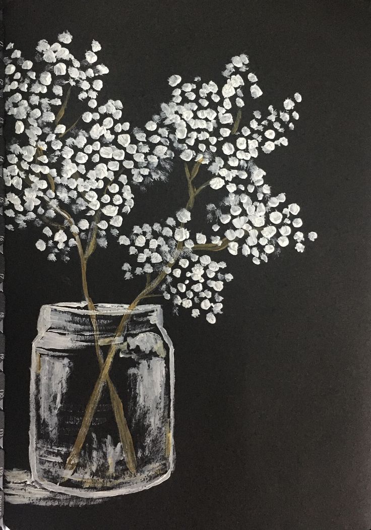 a painting of white flowers in a mason jar on a black and white background,