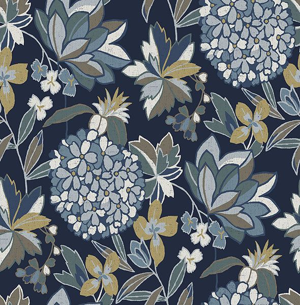 Valdivian Indigo Floral Wallpaper Toilet Closet, Hydrangea Wallpaper, Indigo Wallpaper, A Street Prints, Nature Motifs, Indigo Floral, Yellow Hues, Wallpaper For Sale, Navy Wallpaper