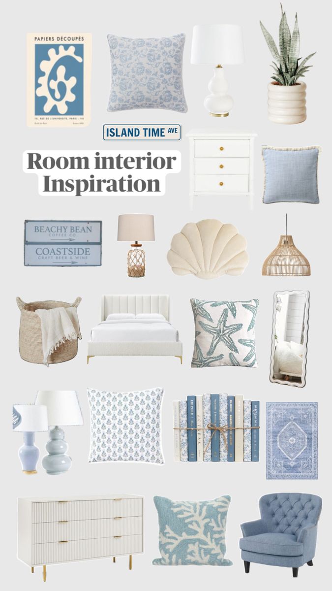 a collage of blue and white items with text that reads island time room interior inspiration