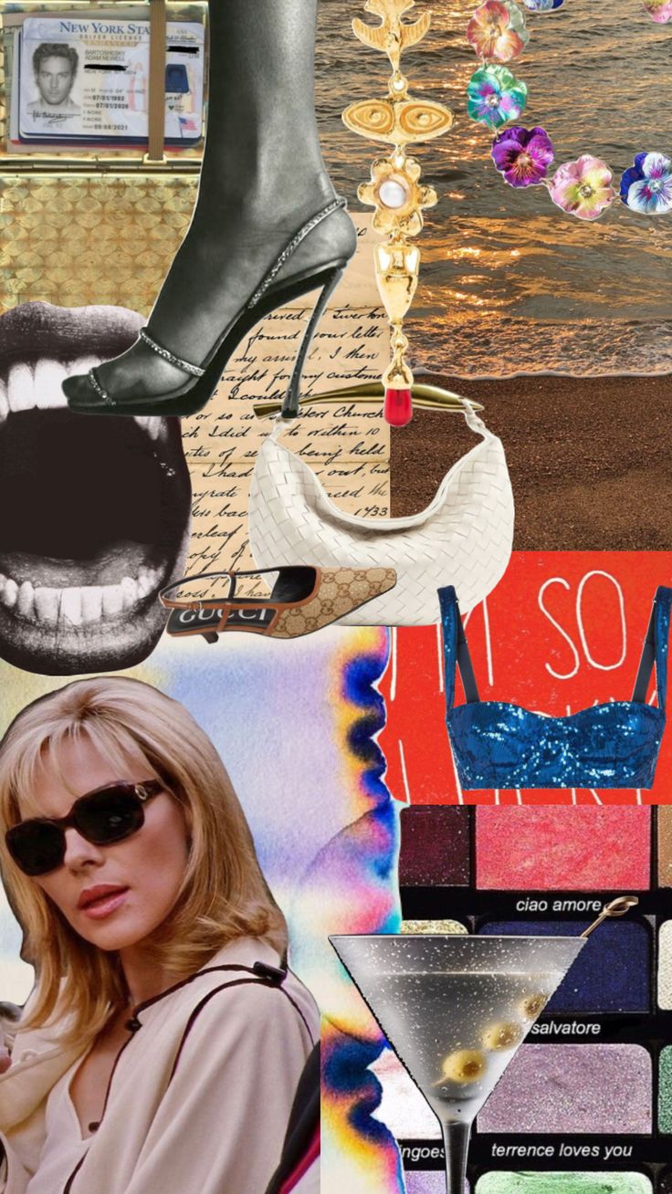 the collage has many different pictures and colors on it, including shoes, sunglasses, lipstick