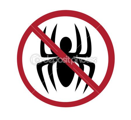 a black and red sign with a spider in it's crossed out area on a white background