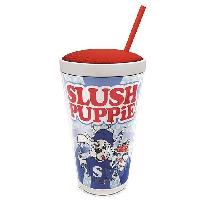 a cup with a straw in it and the words slush puppie on it