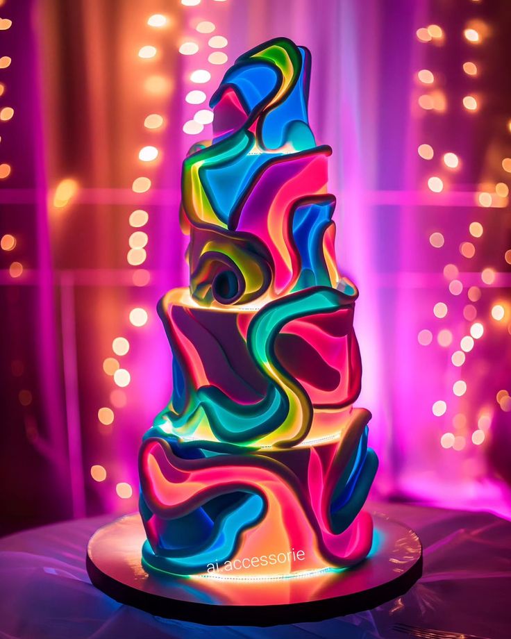 a multicolored cake sitting on top of a table next to a window with lights in the background