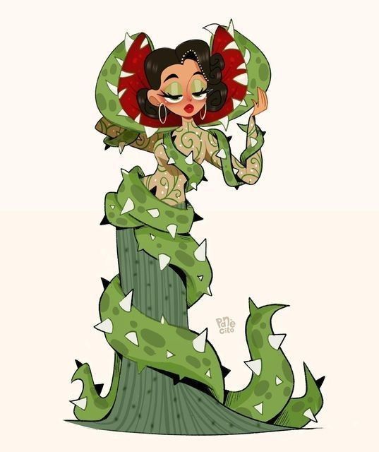 a drawing of a woman with an umbrella on top of a cactus plant in the middle of her body