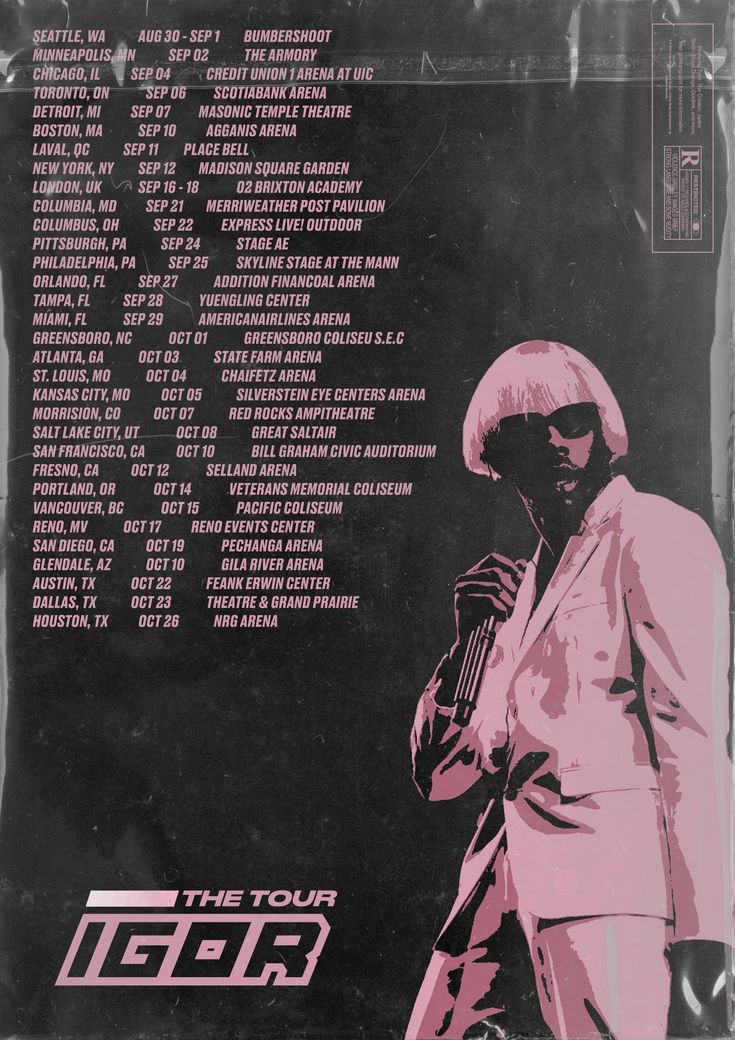 the tour poster is shown in black and pink colors, with an image of a man wearing