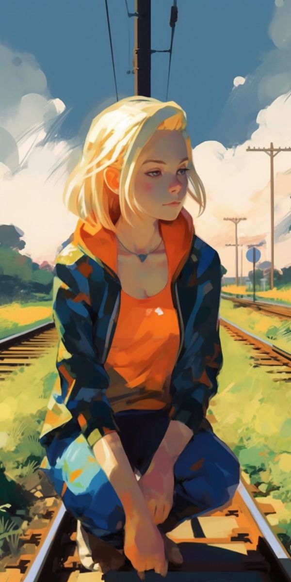 a painting of a woman sitting on the train tracks with her hand in her pocket