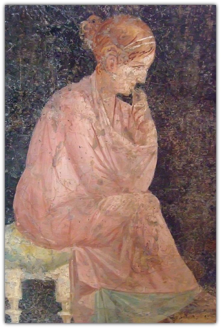 a painting of a woman sitting on a chair with her hand to her face and looking down