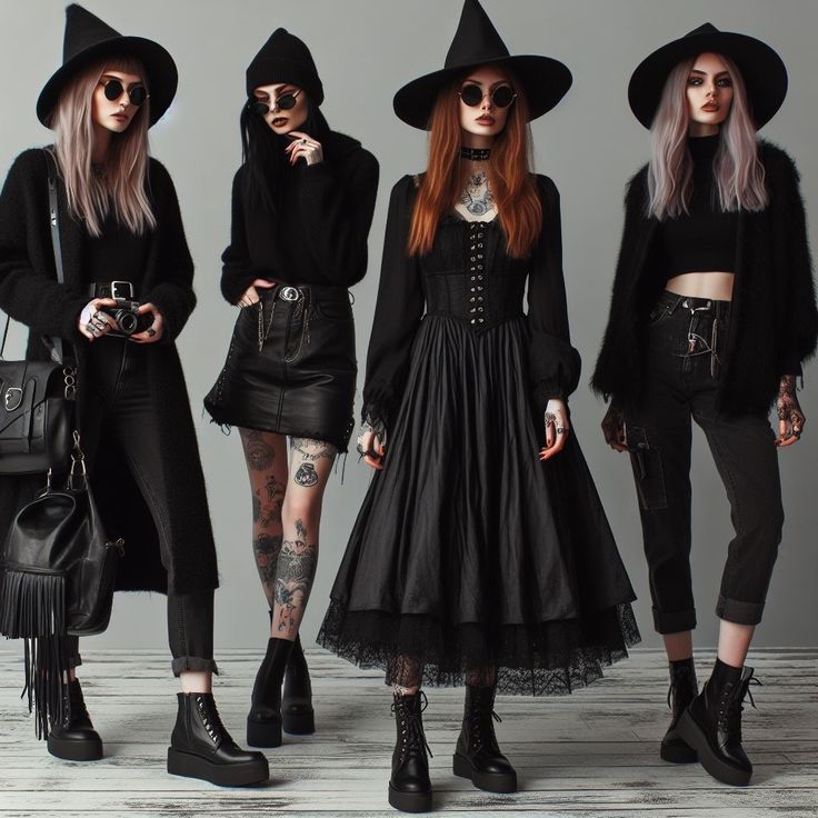 Gothic Holiday Outfit, Witch Goth Outfits, Dark Witch Aesthetic Outfit, Witchy Outfits Casual, Punk Chic Fashion, Modern Witch Outfit, Black Witch Dress, Witch Aesthetic Outfit