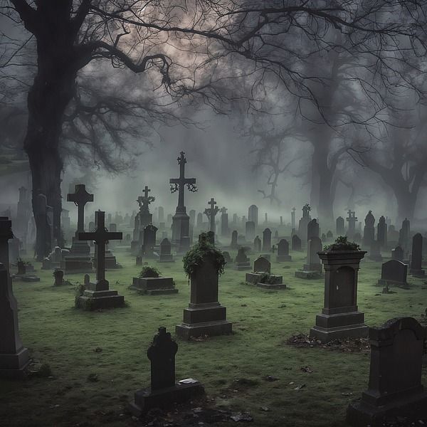 a cemetery with tombstones and crosses in the grass on a foggy day at night