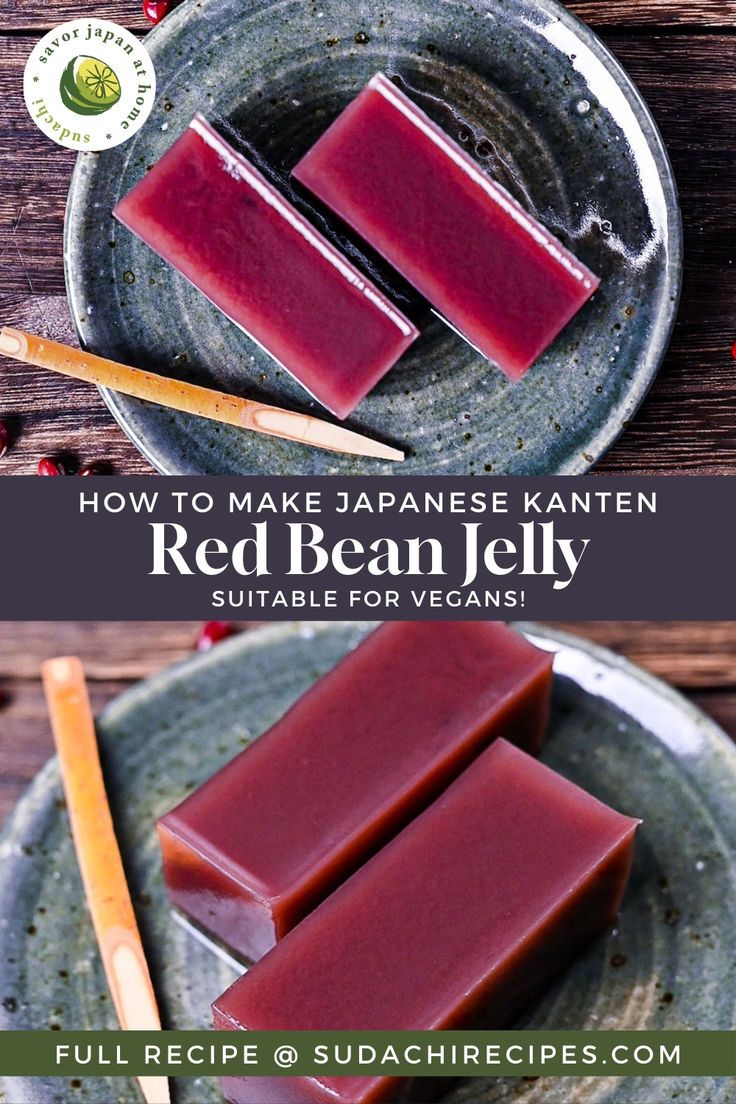 Two rectangular shaped slices of mizu yokan on a green plate with wooden Japanese sweets pick Mizu Yokan, Japanese Jelly, Red Bean Dessert, Japanese Vegetarian Recipes, Red Beans Recipe, International Desserts, Jelly Desserts, Sweet Red Bean, Jelly Recipe