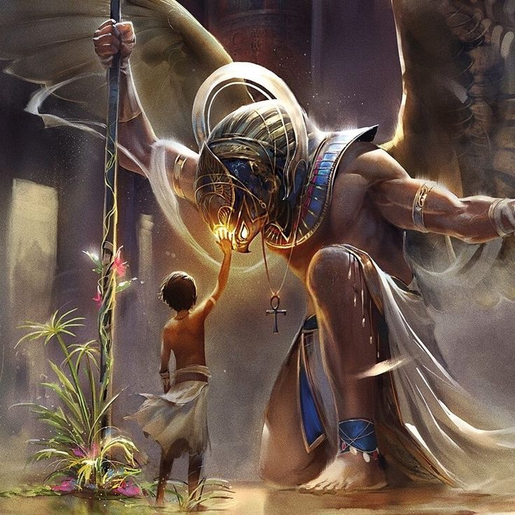 an egyptian god and his son are depicted in this digital painting by artist mark taylor