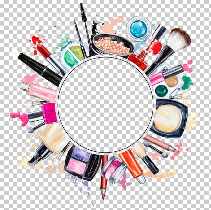 cosmetics and makeup products arranged in the shape of a circle with space for your text