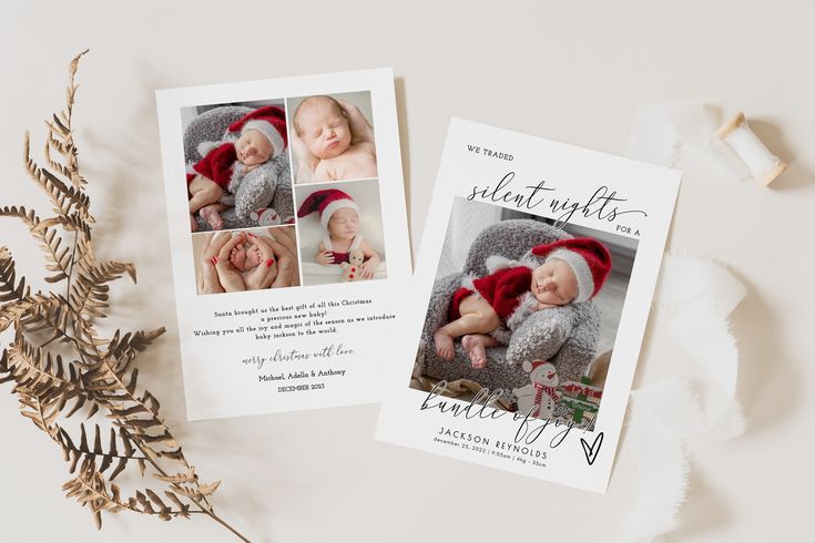 two christmas cards with the same photo on them, one is for a baby and the other is for an adult