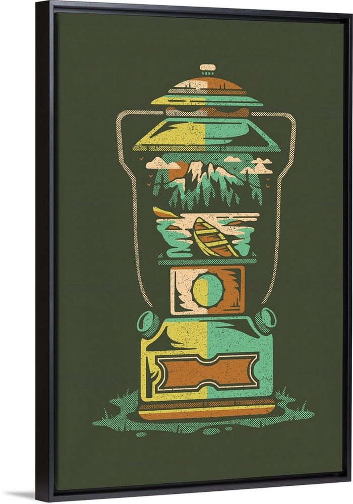 a green and yellow poster with an image of a lantern in the middle of it