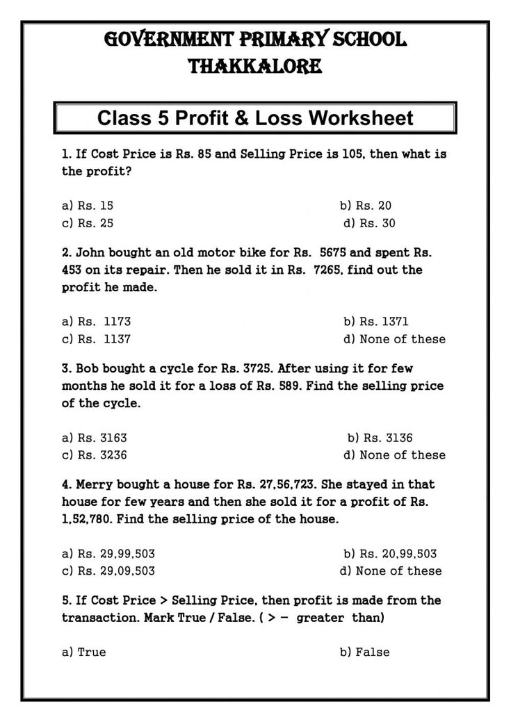 the class 5 print and loss worksheet for government primary school, thakalore