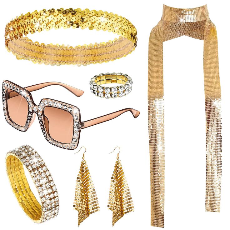 several different types of gold jewelry including sunglasses, bracelets and necklaces on white background