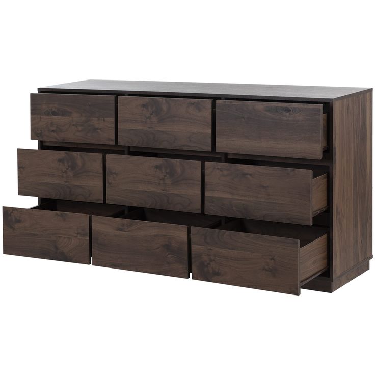 PRICES MAY VARY. The nine-drawer dresser comes in a dark walnut finish, offering an intricately finished and visible wood grain that lends heavily to a modern design style.The finish is easy to clean, stain, and scratch resistant making the nightstand an ideal choice for you. A modern spin on the classic bedroom dresser offers nine spacious drawers that open and close on smooth metal runners, perfect for storing the bulkiest denim and thickest sweaters, as well as extra bed sheets and household Dark Gray Dresser With Wood Drawers, Up Cycling Dresser Drawers, Brown Ikea Bedroom Furniture, Brown Furniture Boys Room, Entry Storage Dresser, Grey Bed Wood Dresser, Grey Tone Bedroom Furniture, Nightstands With Dark Bed Frame, 9 Drawer Dresser Closet