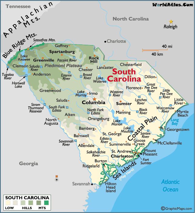 a map of south carolina with the capital and major cities