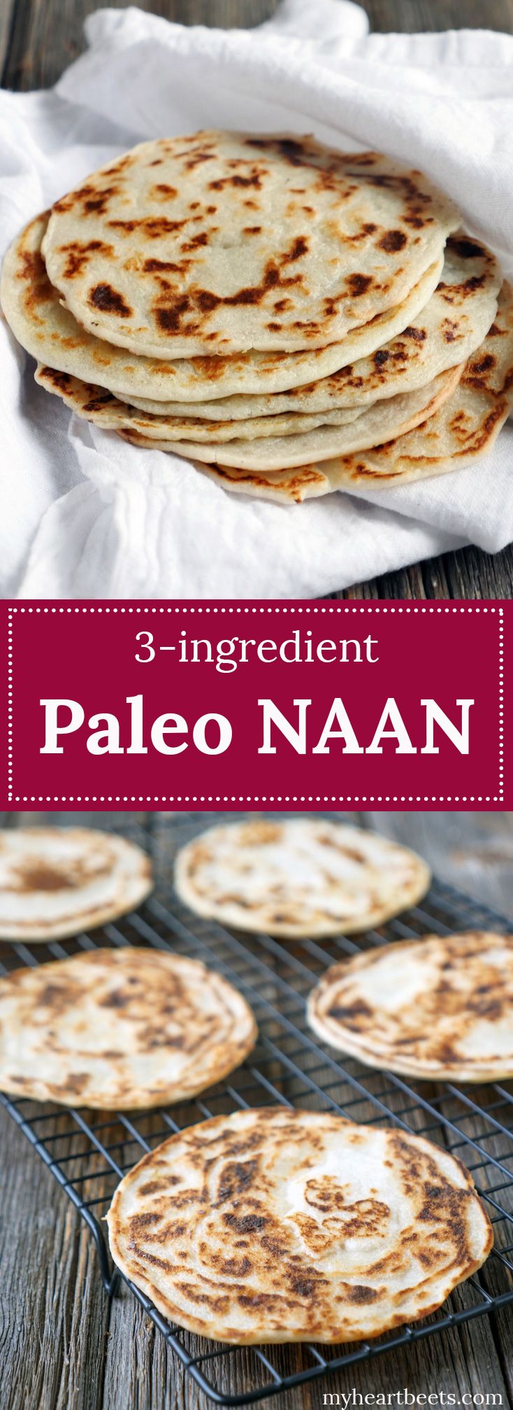 some flat breads on a rack with the words, 3 ingredient paleo naan