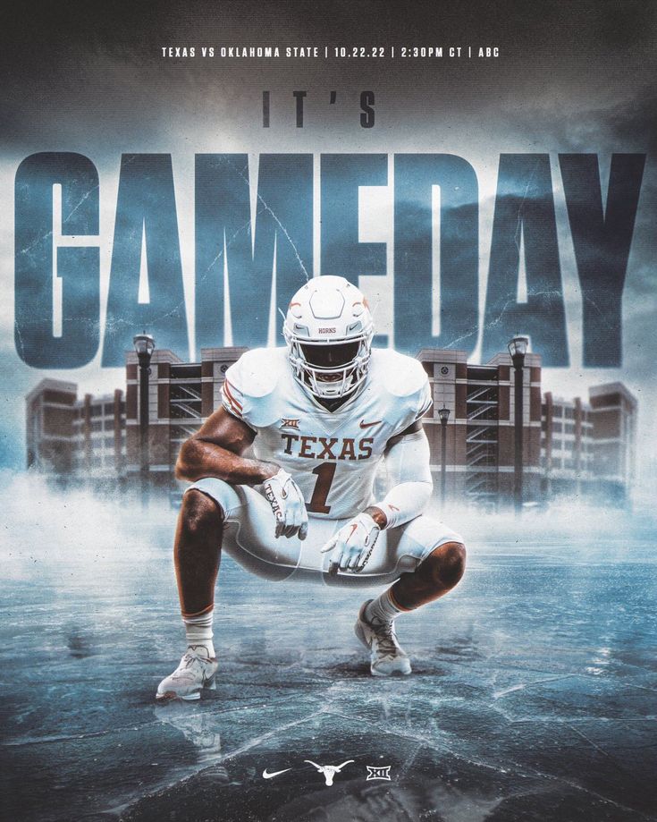 a football player kneeling down in front of a stadium sign that says it's game day