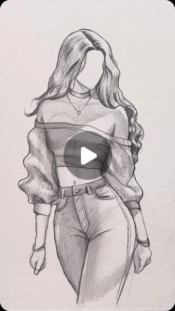 a drawing of a woman with long hair wearing jeans and a top that has ruffled sleeves