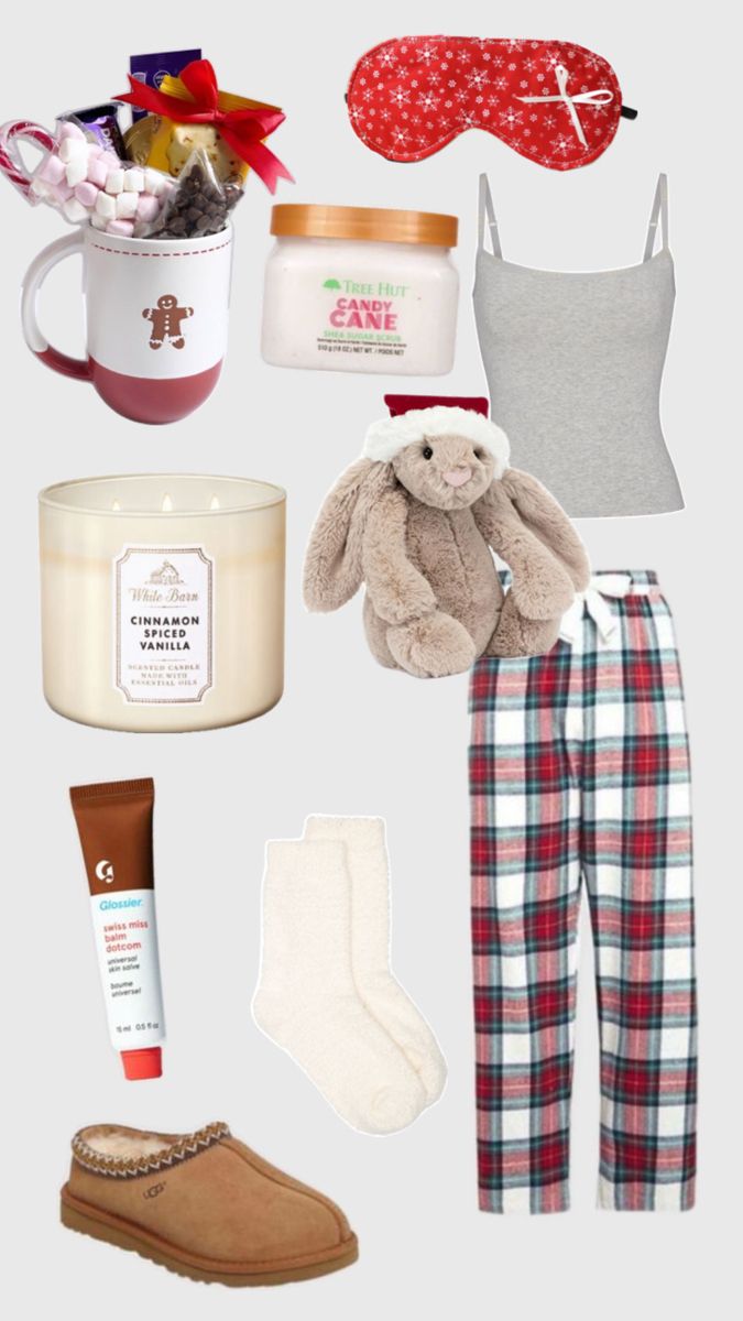 the contents of a women's pajamas, slippers, and sleeping mask