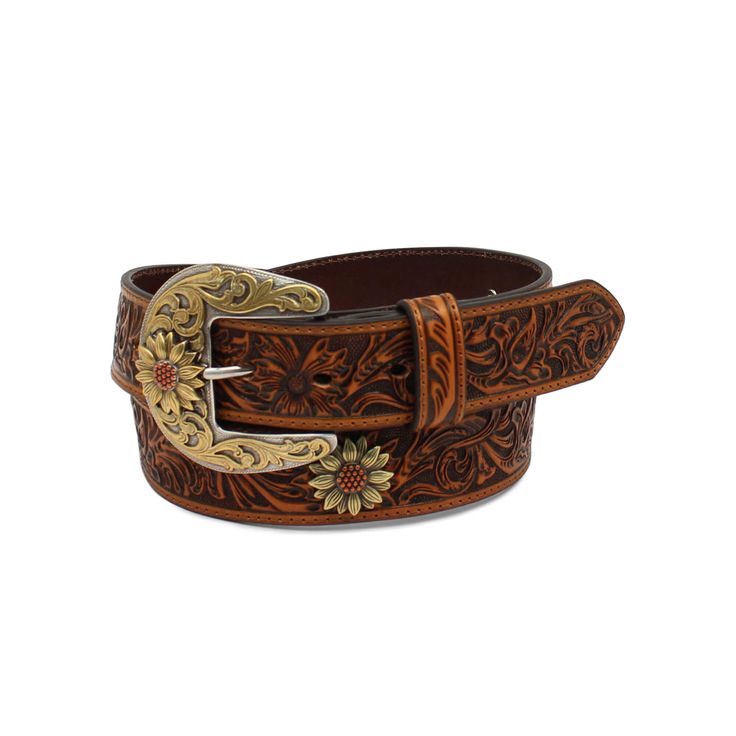 Crafted from genuine leather with floral tooling details, this belt's a stunner. A metalwork sunflower buckle dials up the charm. \r\n\r\nGenuine leather with floral tooling\r\nSunflower on buckle\r\n1 1/2 wide\r\n\r\nSunflower Medallion Belt | Women's Sunflower Medallion Belt in Tan Leather, Size: XL by Ariat Tooled Sunflower, Ariat Belts, Country Belts, Ladies Belt, Cowgirl Belts, Tooled Leather Belts, Concho Belt, Branded Belts, Leather Floral