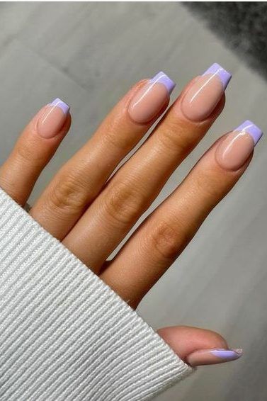 Nails Colored Tips French, French Tip Colour Acrylic Nails, Coloured Nails With French Tips, Short Colour Tip Nails, Dip Powder Nails Ideas French Tip, Acrylic Coloured Tips, Colored French Square Nails, Nails With Painted Tips, Colored French Tip Nails Purple