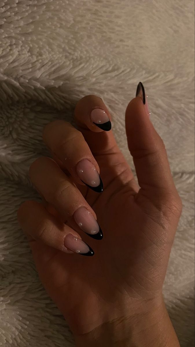 Birthday Nails With Black Dress, Black Pearl French Tip Nails, Black Tips With Pearls, Black French Nails With Pearls, Nails To Match With Black Dress, Milky Nails Black French, Long Almond Nails Black French Tip, Black French With Pearls, Pearl And Black Nails