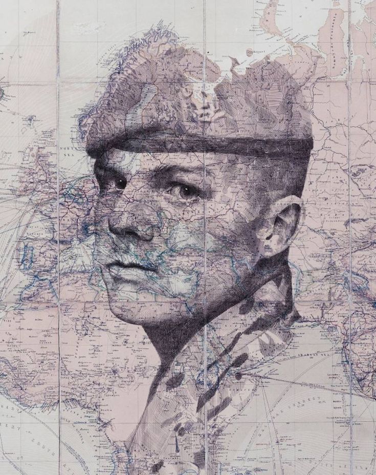 a drawing of a man wearing a hat and tie in front of a world map