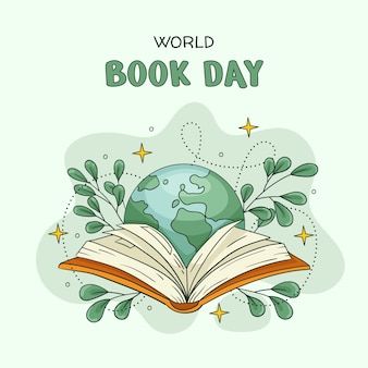 an open book with the earth on top and stars around it that says world book day