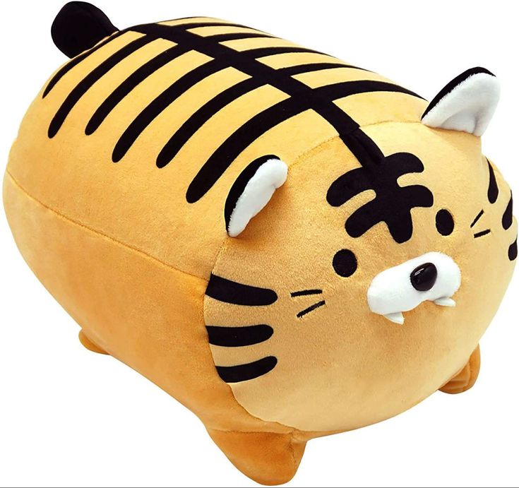 a stuffed animal that is yellow with black stripes on it's face and eyes