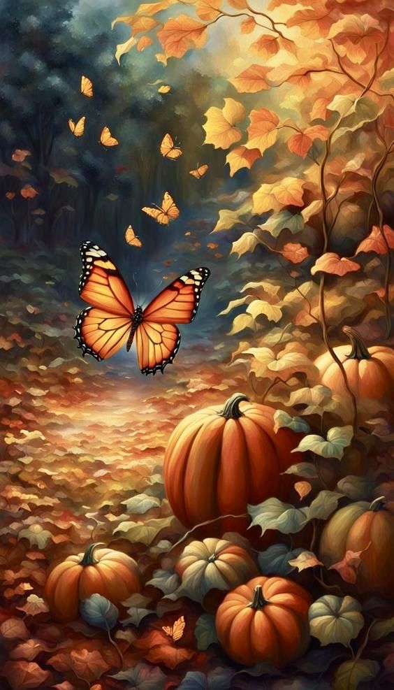 a painting of a butterfly flying over pumpkins in the fall forest with leaves on the ground