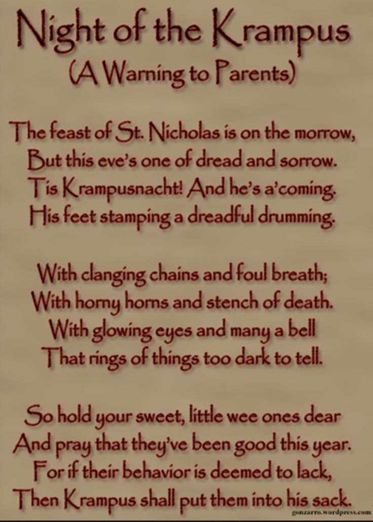 a poem written on parchment paper with the words night of the kramus in red