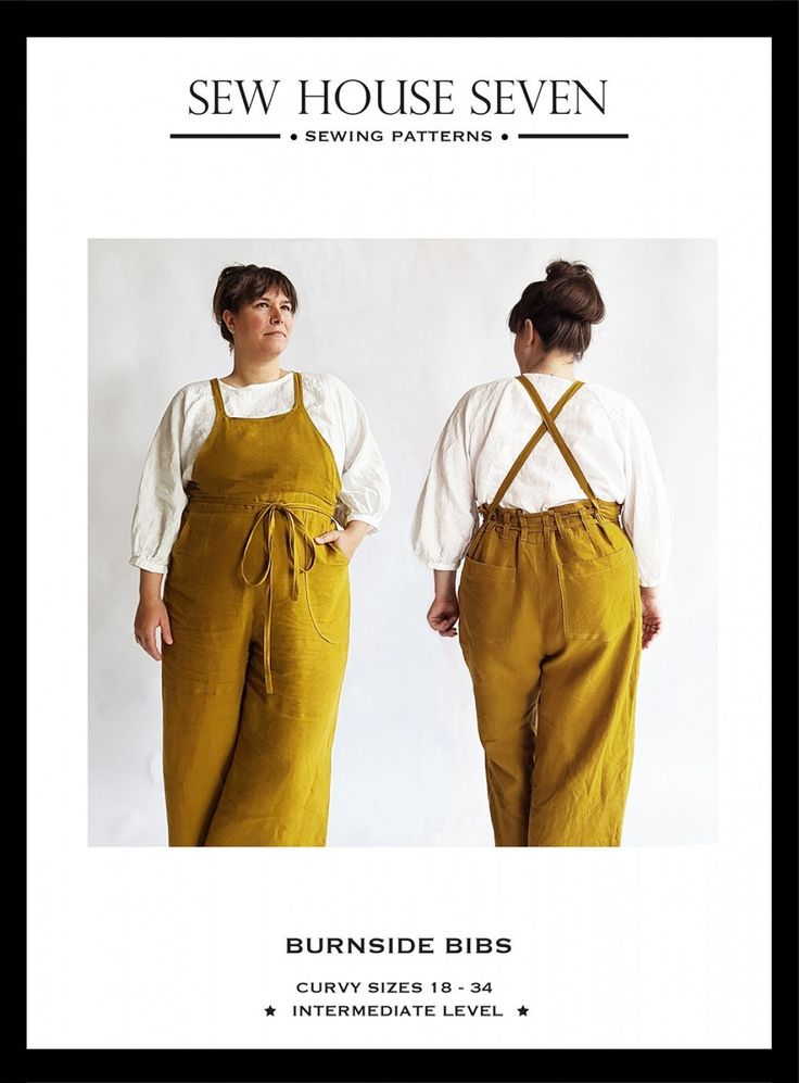 two women in overalls standing next to each other, with the words sew house seven