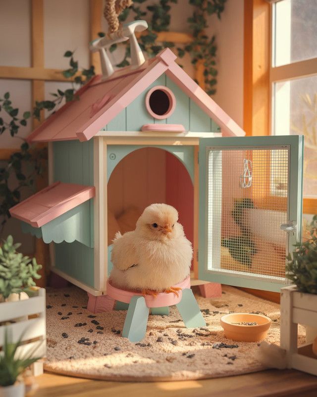 a small chicken is sitting in a pink and blue birdhouse