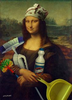 a painting of a woman holding cleaning supplies