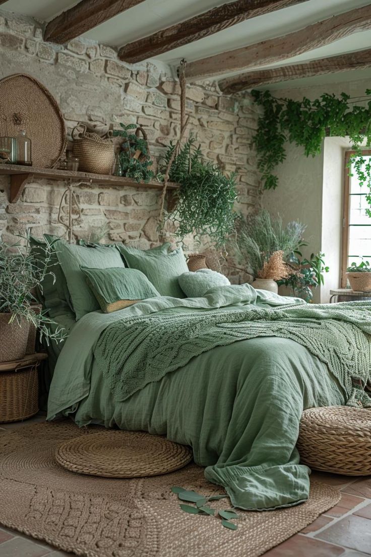 a bed with green sheets and pillows in a room next to a brick wall filled with potted plants