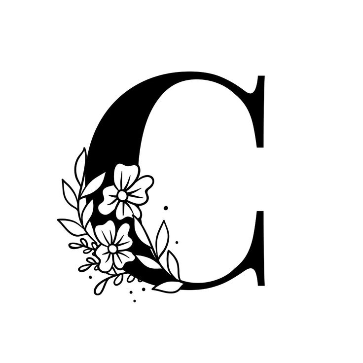 the letter c with flowers and leaves is shown in black on a white background,