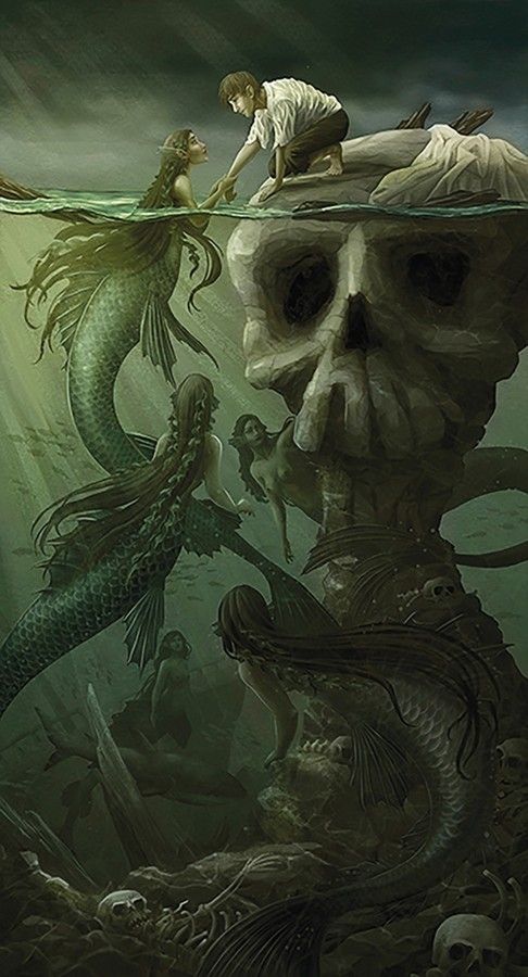 a skeleton in the water with two mermaids on it's back, and a man