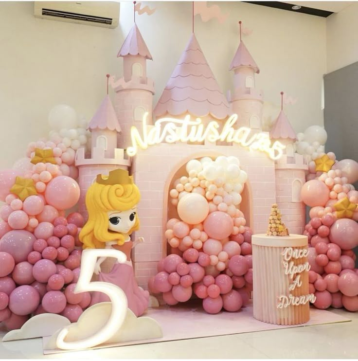 there is a castle made out of balloons and other items in the room with it's name