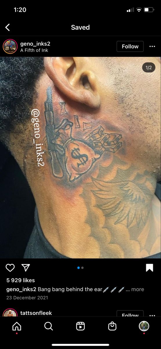 a man with a tattoo on his neck and behind him is an image of a cross