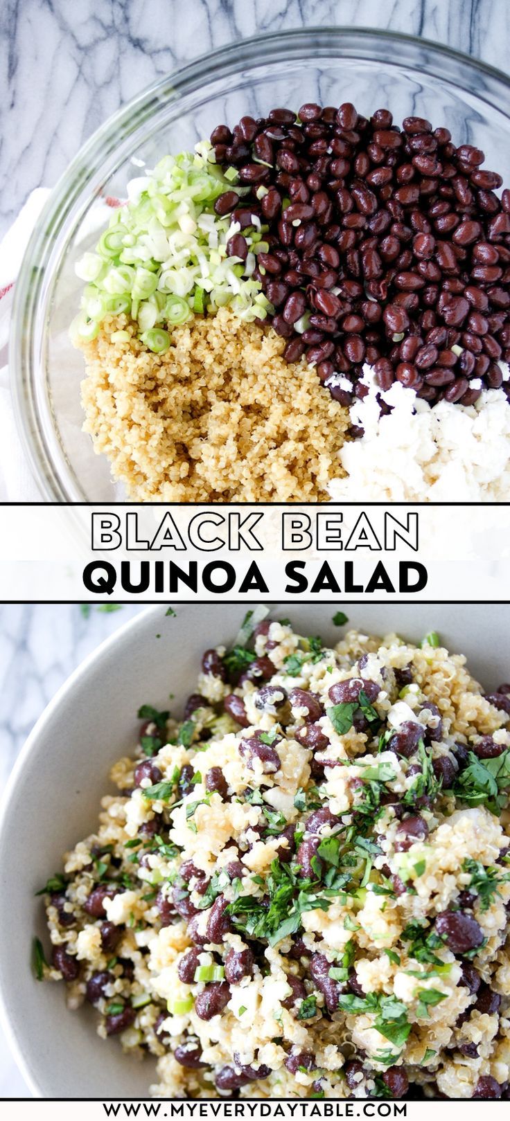 quinoa salad pin image Quinoa Salad With Black Beans, Plant Based Bean Salad, Plant Based Recipes With Protein, Summer Salads Recipes Healthy, Healthy Navy Bean Recipes, Nonmeat Protein Meals, Black Bean Lunch Ideas Healthy, Quinoa Bean Salad Recipes, Quinoa And Bean Salad