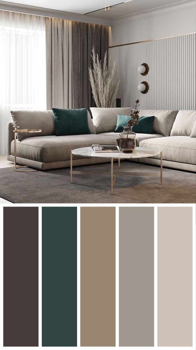 a living room filled with lots of furniture and colors in shades of grey, brown, green