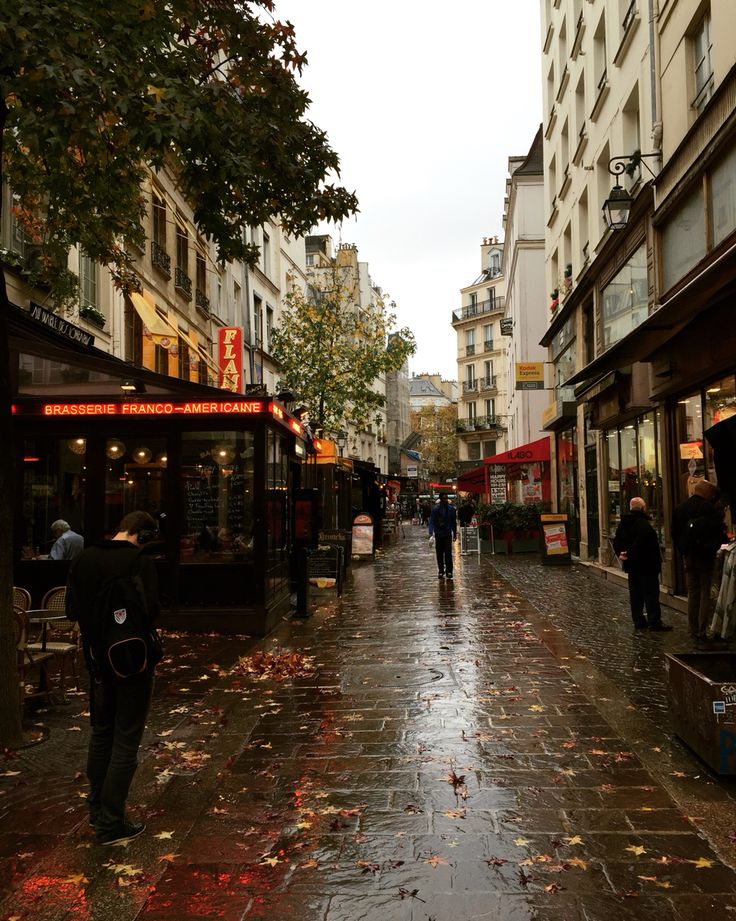 people are walking down the street on a rainy day