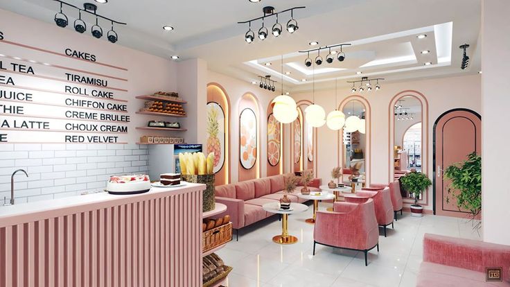 the interior of a restaurant with pink chairs and tables