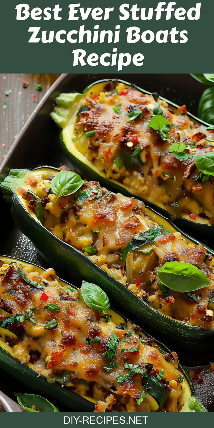 stuffed zucchini boats in a baking dish with basil leaves on top and the title overlay reads best ever stuffed zucchini boats recipe