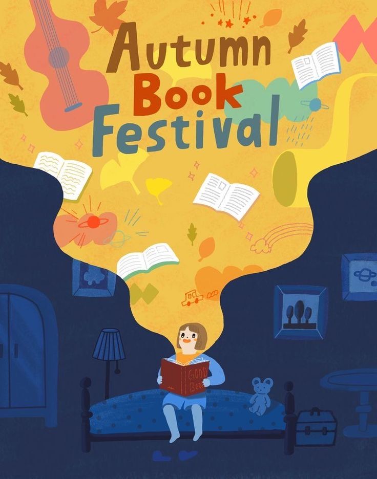 a person sitting on a bed with an open book in front of them and the words autumn book festival above it